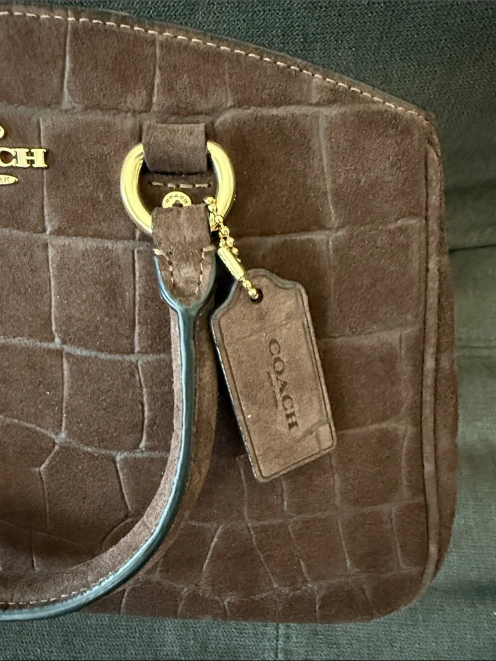 Coach Savannah Small Brown Suede Croc-Embossed Carryall with Gold Hardware